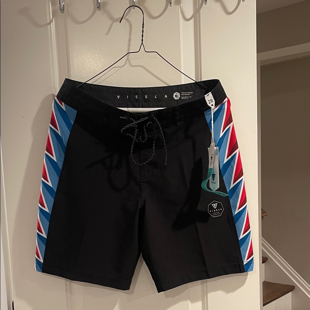 VISSLA Black Board Shorts with Blue and Red Geometric Pattern NWT
